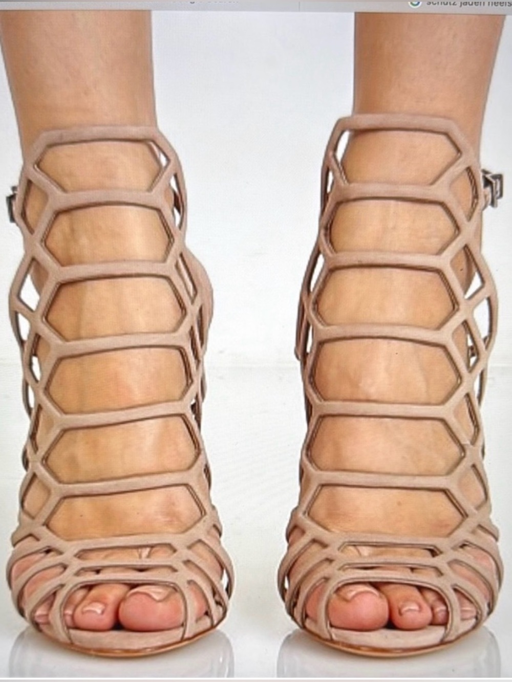 👠SCHUTZ Tan/Gray Suede Woven Cage Block Heel
